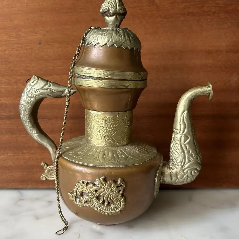 Vintage Tibetan Style Metal Dragon Decanter Pair MCM Asian Boho Home Decor